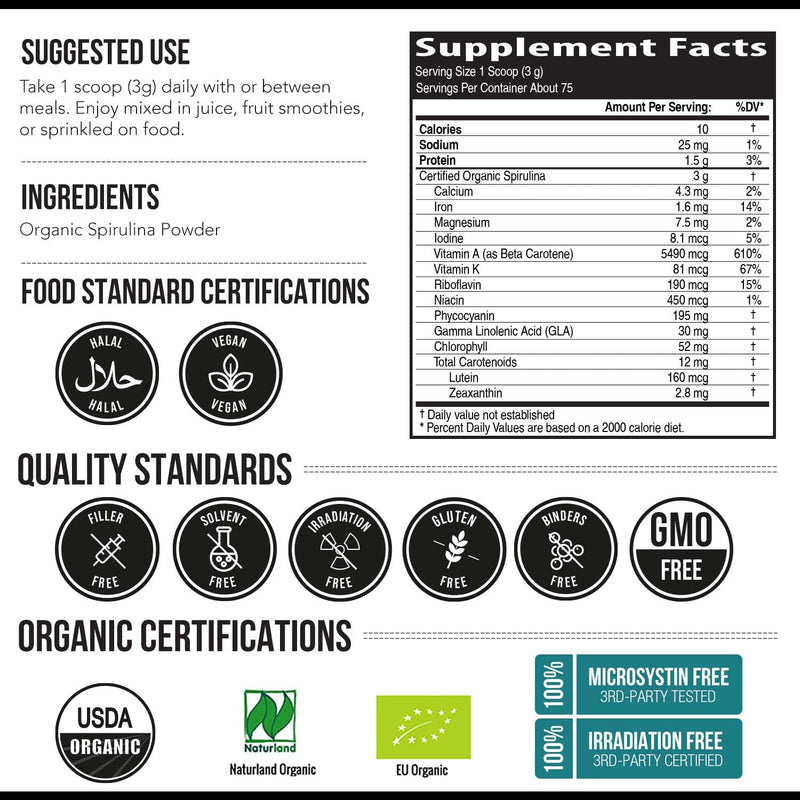 [Australia] - Organic Spirulina Powder - Made with Parry® Spirulina. The Best Spirulina in The World, Highest Nutrient Density - Non-Irradiated, 4 Organic Certifications, Vegan Farming Process (75 Servings - 8 oz.) 8 Ounce (Pack of 1) 