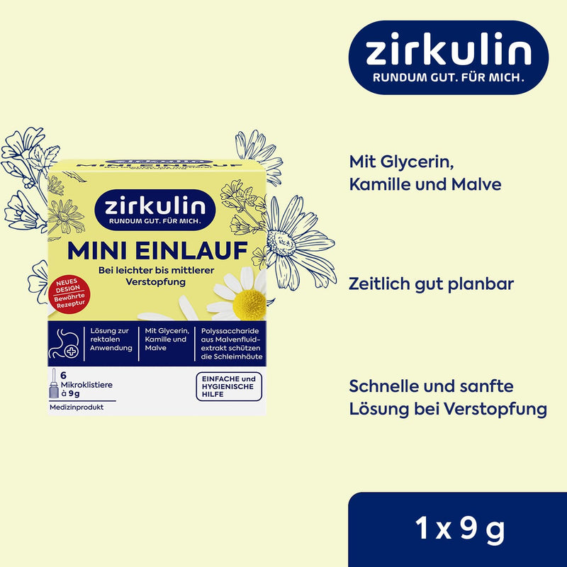 [Australia] - Zirkulin mini enema, enema for mild to moderate constipation, with glycerin, chamomile and mallow, stimulates intestinal emptying, 1 x 6 microenemas of 9g each, 6 pieces (pack of 1) 