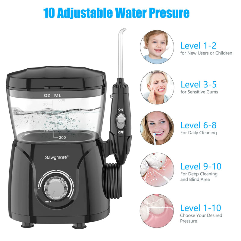 [Australia] - Sawgmore Electric Oral Irrigator with 10 Pressure Levels and 8 Nozzles, Professional Water Flosser for Dental Cleaning, 600ML Water Tank, Perfect for the Family Black 