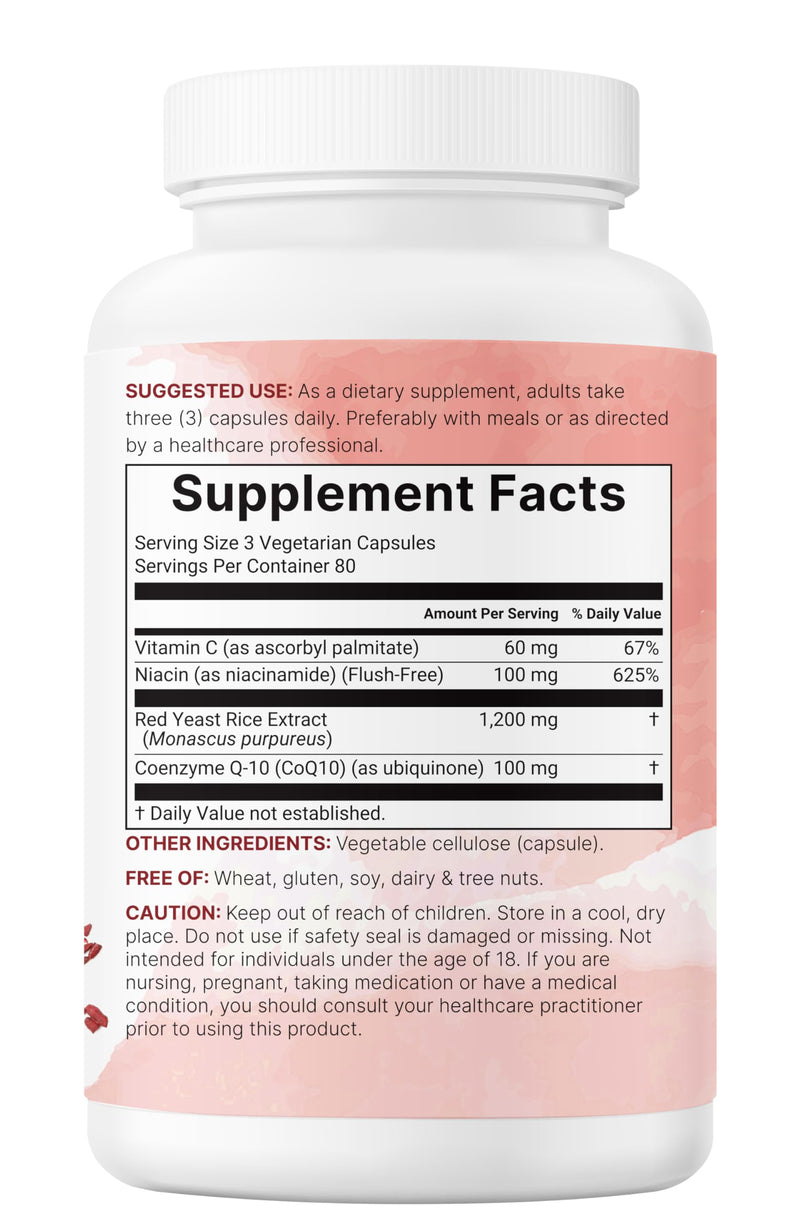 [Australia] - Red Yeast Rice 1,200mg with CoQ10 100mg, 240 Veggie Capsules | 4-in-1 with Flush Free Niacin & Fat Soluble Vitamin C | Cholesterol Support & Heart Health Supplements | Filler Free, Non-GMO, No Gluten 