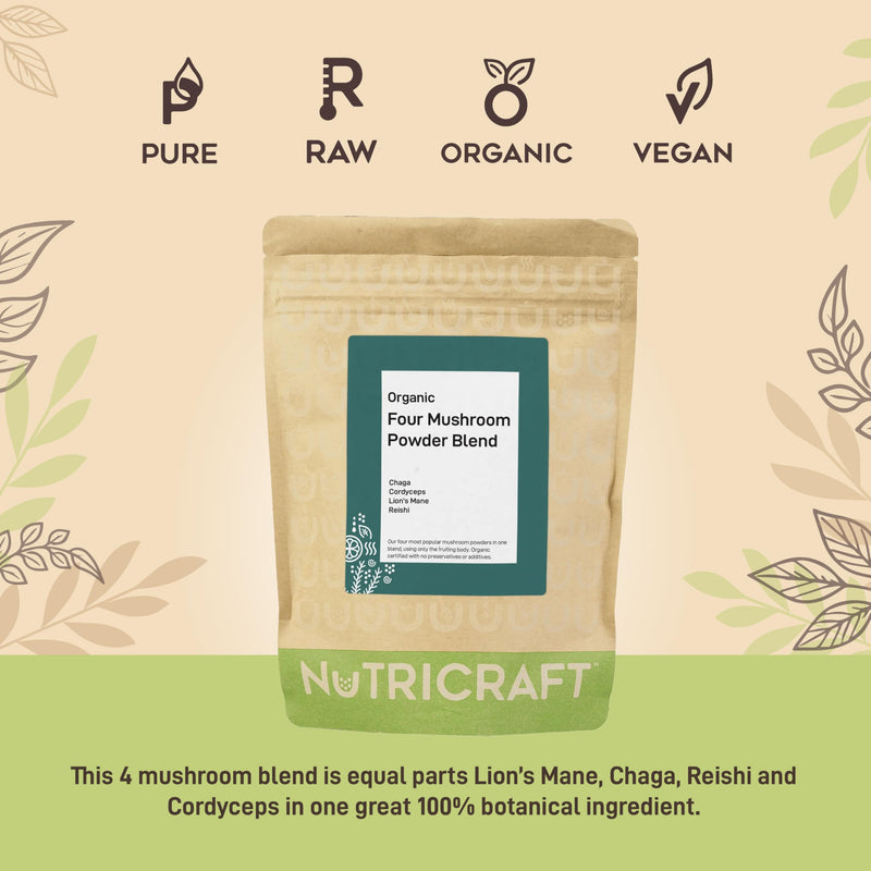 NutriCraft Organic Four Mushroom Blend Powder - 500g - Lion's Mane, Reishi, Cordyceps, Chaga, Vegan, Immune Support, Energy & Brain Health, No Additives or Preservatives 500 g (Pack of 1)