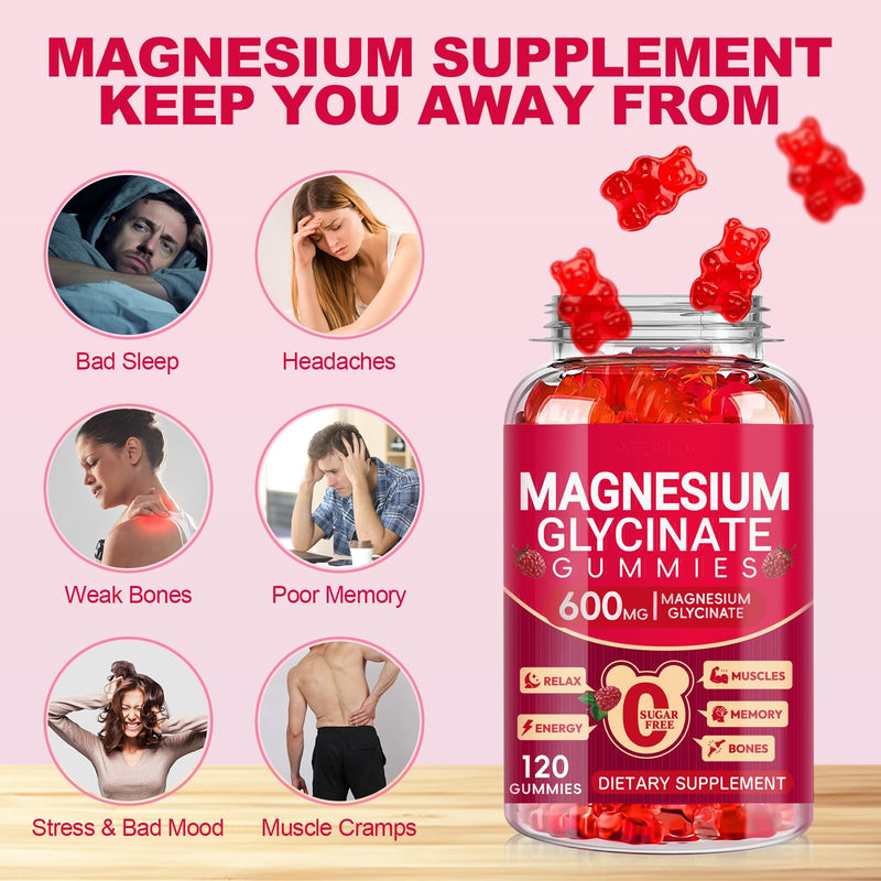 Magnesium Glycinate Gummies 600mg, Sugar Free Magnesium Gummies for Adults | High Absorption Magnesium Supplement, Chewable Potassium Supplements for Body Support, Zzz and Relaxation, 120 Count Raspberry 120 Count (Pack of 1)
