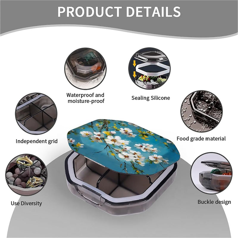 4 Compartment White Flowers Travel Pill Organizer, Watertight Portable Daily Pill Box for Vitamins, Fish Oil, Medicine & Small Items - BPA-Free Food Grade Material 4 Compartment