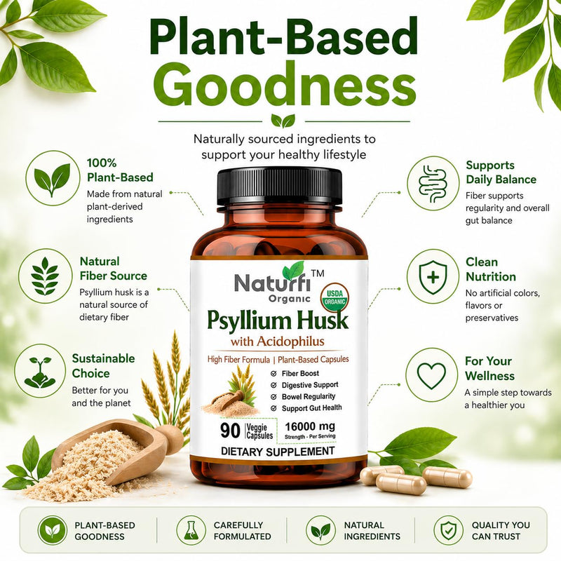 Naturfi Organic - Fibre Supplement 16,000 mg Psyllium Husk with Acidophilus - High Strength - Natural Soluble Fiber Supplement from Plantago Ovata Seeds, Vegan Capsules (270 Capsules (Pack of 3)) 270 Capsules (Pack of 3)