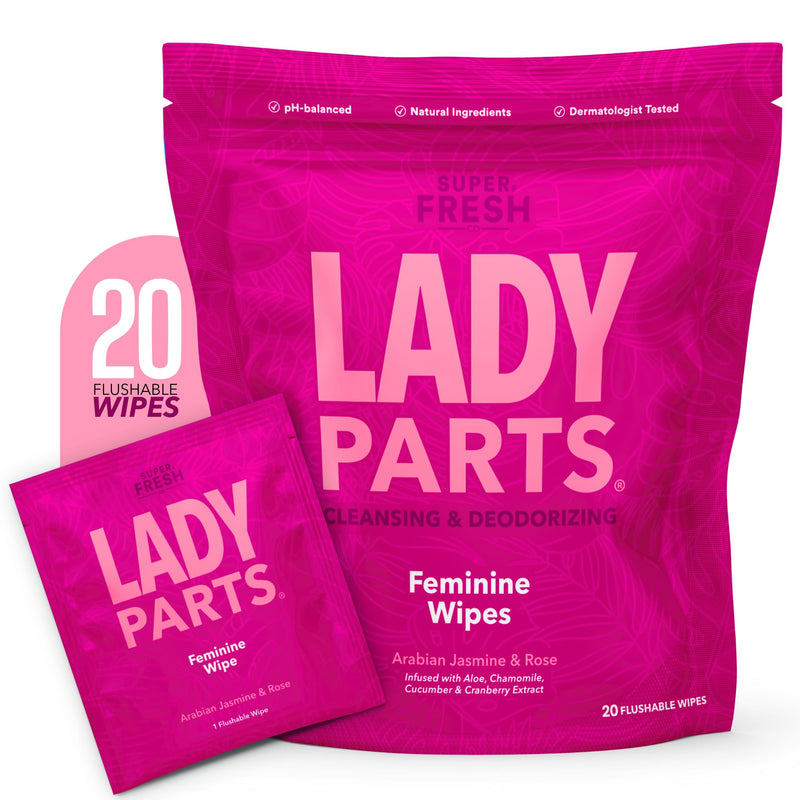 [Australia] - Lady Parts Feminine Wipes - Flushable Wet Wipe for Women - pH Optimized for Privates, Body, Booty, & Face - Good for Travel & Intimate Areas - Stay Fresh & Clean - 20 Wipes 