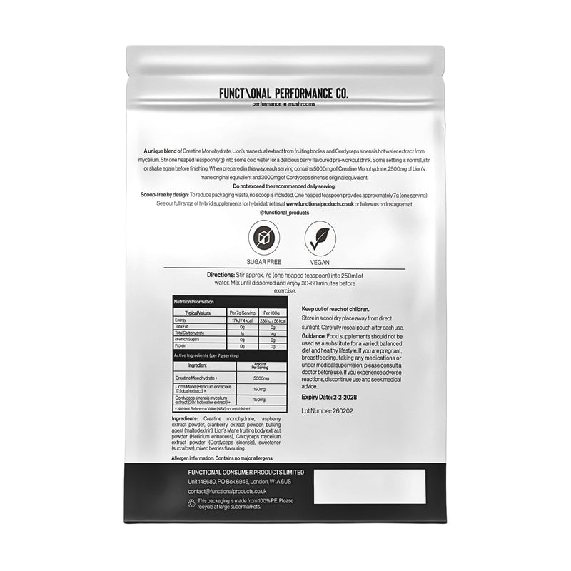 Creatine Monohydrate Powder with Lion's Mane & Cordyceps Mushroom Extracts, 5g Micronised Creatine Monohydrate Per Serving, Berry Flavour, 50 Servings