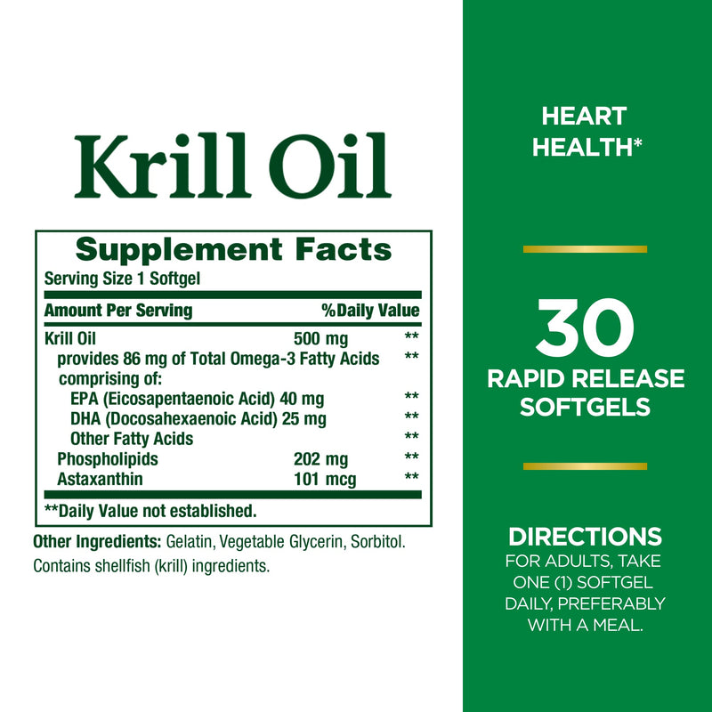 [Australia] - Nature's Bounty Krill Oil, Heart Health, Dietary Supplement, 500mg, Rapid Release Softgels, 30 count 30 Count (Pack of 1) 