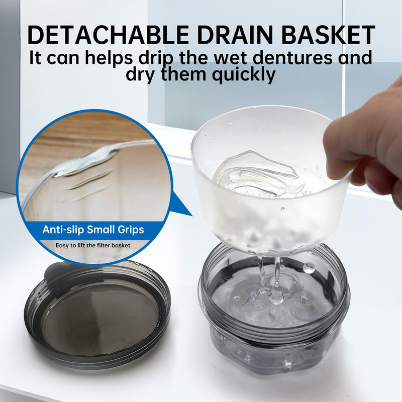 [Australia] - Leak Proof Denture Cups for Soaking Dentures, Partial Denture Bath Case Travel Retainer Cleaning Container Case with Brush for Aligner, Denture, Mouth Guard - Transparent Black 