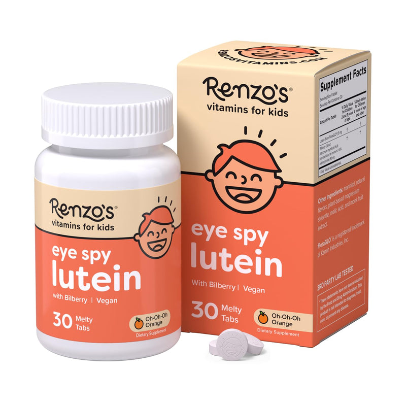 [Australia] - Renzo's Eye Spy Lutein with Bilberry Extract, Dissolvable Kids Vitamins for Eye Health, Sugar-Free Supplements, 30 Orange-Flavored Melty Tabs 
