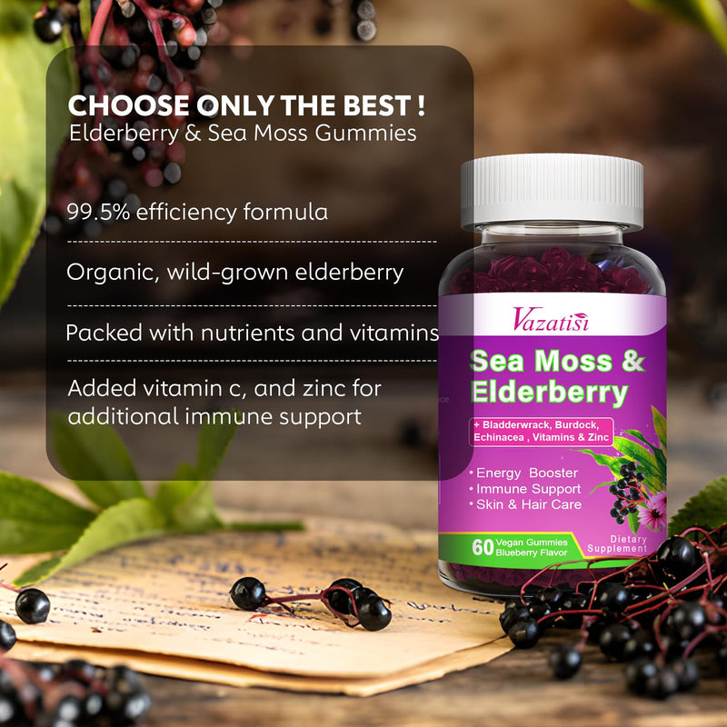 2 Pack Elderberry Gummies with Sea Moss, Extra Strength Elderberry with Vitamin C, Zinc for Immune Support for Adults, Kids, Women & Men, Blueberry Flavor 120Cts 60 Count (Pack of 2)