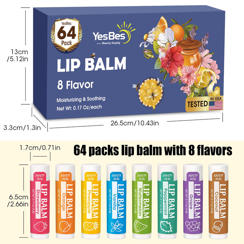 YesBes 64 Pack Lip Balm, Natural Lip Balm Bulk with Vitamin E and Coconut Oil, Moisturizing Lip Balms for Dry Cracked Lips, Lip Balms for Mothers Day Gifts Stocking Stuffers - 8 Flavors D-64P