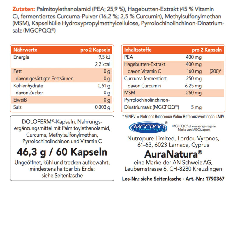 [Australia] - Aura Natura Fermentura Doloferm - with PEA (palmitoylethanolamide), PQQ, MSM, rosehip extract and fermented turmeric - 60 capsules 