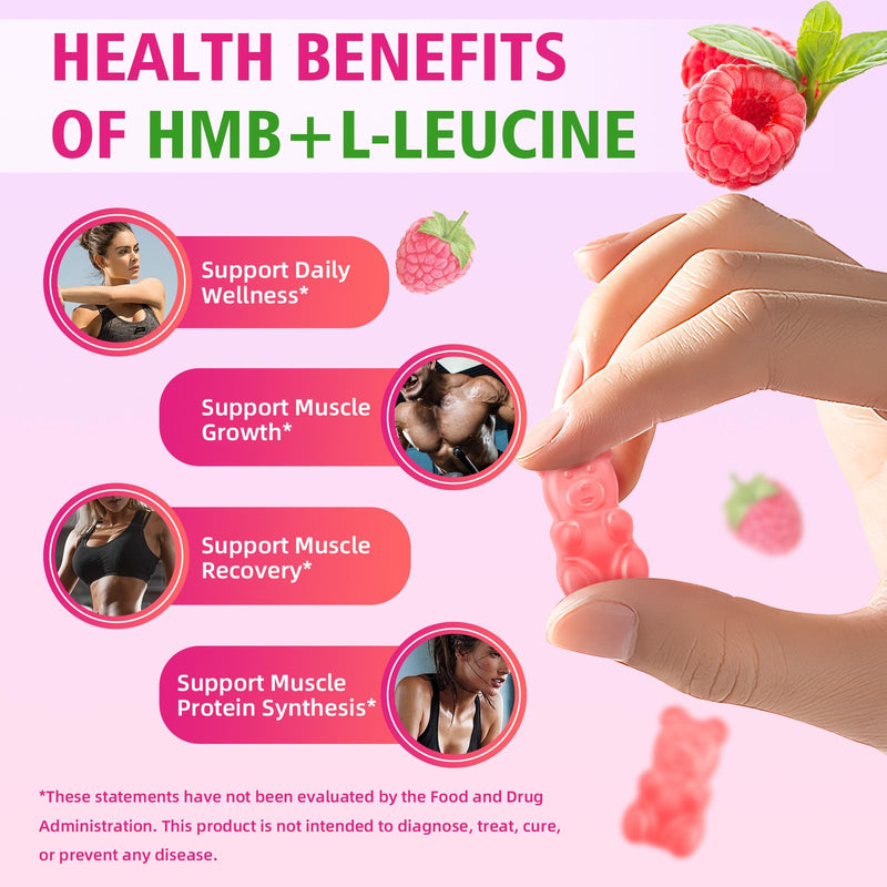 MEENCCD HMB and L-Leucine Gummies, HMB and Leucine Amino Acid for Muscle Growth, Muscle Maintenance, and Muscle Comfort, for Men & Women, Sugar-Free, Raspberry Flavor, 60 Count 60 Count (Pack of 1)