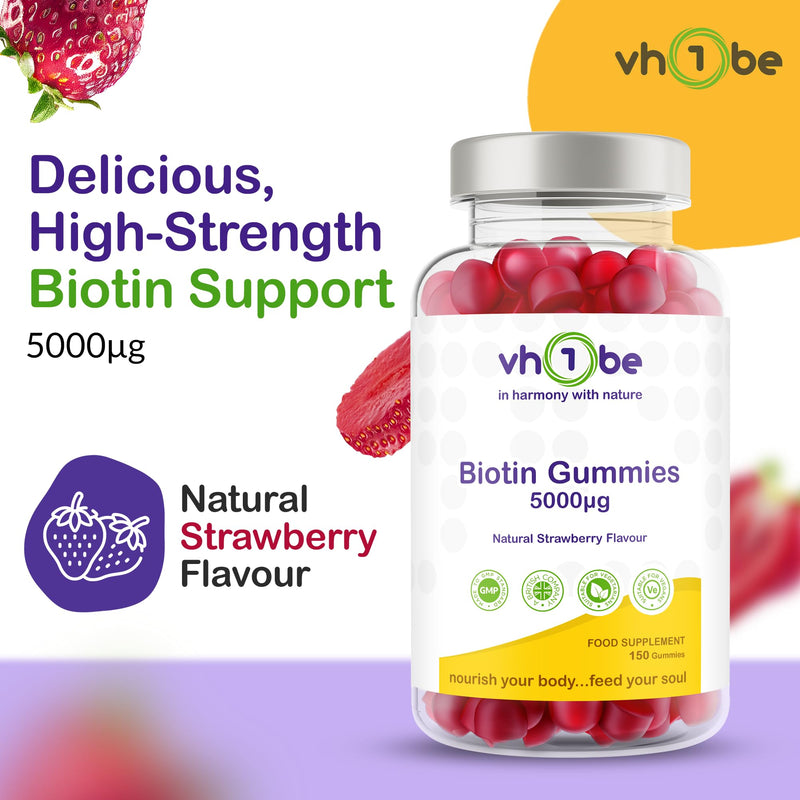 Biotin Gummies 10,000 mcg for Stronger Hair, Skin & Nails - 150 Vegan Gummies | Natural Strawberry Flavour Biotin Supplement
