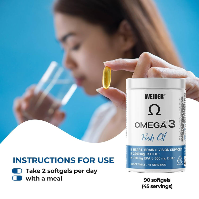 Weider Omega 3 (90 Softgels) with Fatty Acids EPA and DHA, Vitamin E, Support the Normal Functioning of the Heart, Brain and Vision Fish 90 softgels