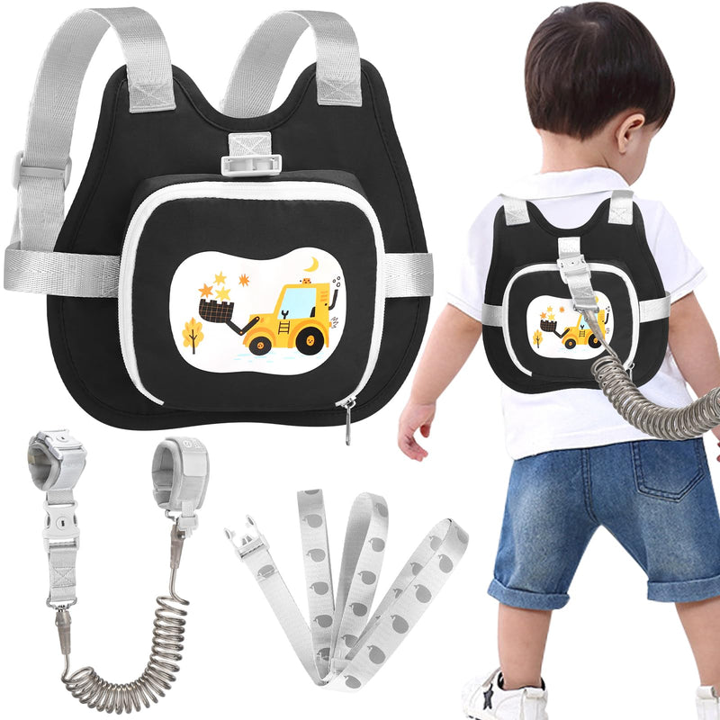 [Australia] - Accmor Toddler Harness Leash, Cute Excavator Child Walking Harness Tether Wristband Assistant Strap Belt Protector for Baby Boys, Collapsible Kids Leash + Anti Lost Wrist Link for Outdoor Travel Black 