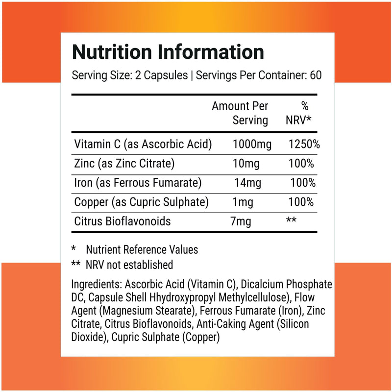 Nutri-Align Mega Vitamin C | 120 High Strength Vitamin C Capsules 1000mg VIT C per Serving - VIT C and Zinc, Iron & Copper Supplement | Gluten & Sugar Free | Made in the UK 120 count (Pack of 1)