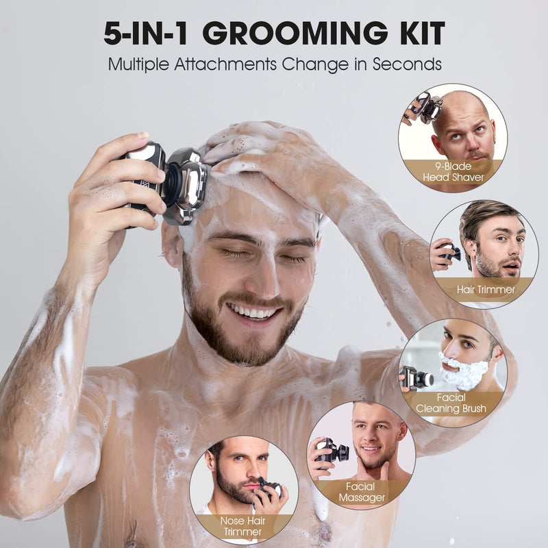 [Australia] - Telfun Electric Head & Body Hair Shaver, 9D Electric Bald Razor for Fast Shaving, Waterproof, USB-C & Wireless Charging Compatible with Travel Lock Silver 