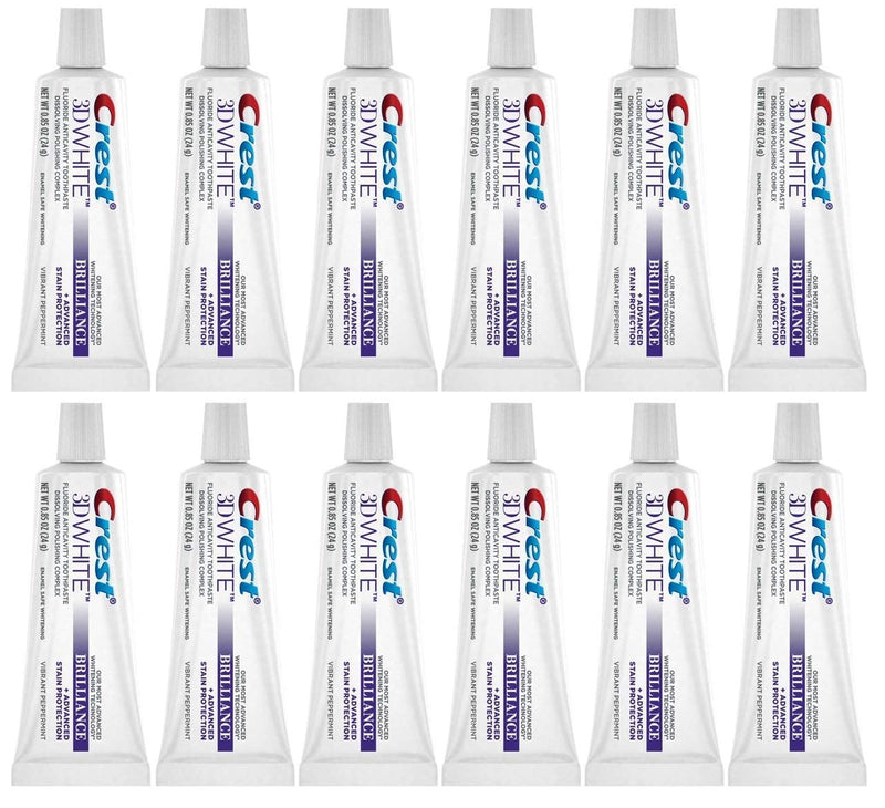 Crest 3D White Brilliance Toothpaste, Vibrant Peppermint, Travel Size, 0.85 oz (24g) - Pack of 12 0.85 Ounce (Pack of 12)