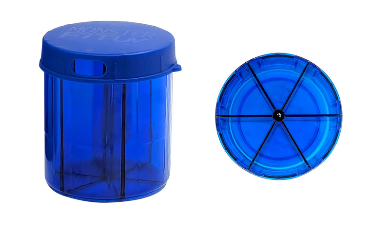 Supplement Pill Dispenser Bottle, 6 Compartment, Labels, Easy Open, Anti-Mixing, UV Protected, Monthly Vitamin, Monster Fit Jr Medication Holder (Cobalt Blue, Small) Cobalt Blue