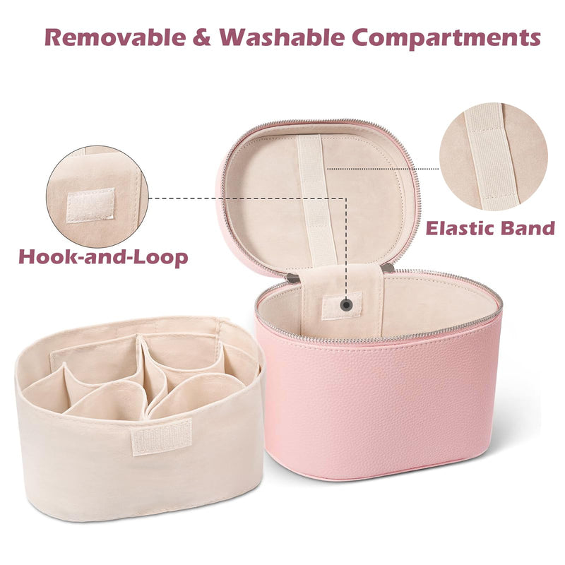 Makeup Case, Large Capacity Leather Makeup Bag with Removable Washable Compartment, Portable Waterproof Leather Cosmetic Case, Multi-functional Travel Organizer, Pink