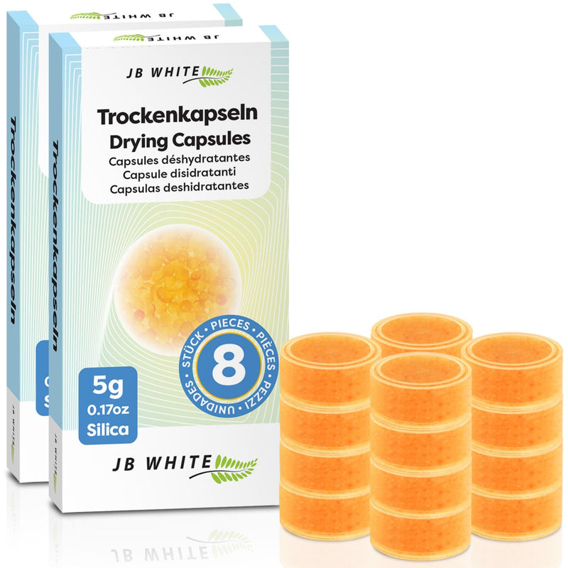 JB White 16 pcs Drying Tablets/Capsules for Hearing aids and earmolds, Orange Silica, Against Moisture, Hearing Aid Desiccant Compatible with Phonak, Cedis (16x, Color Indicator, Individually Sealed)