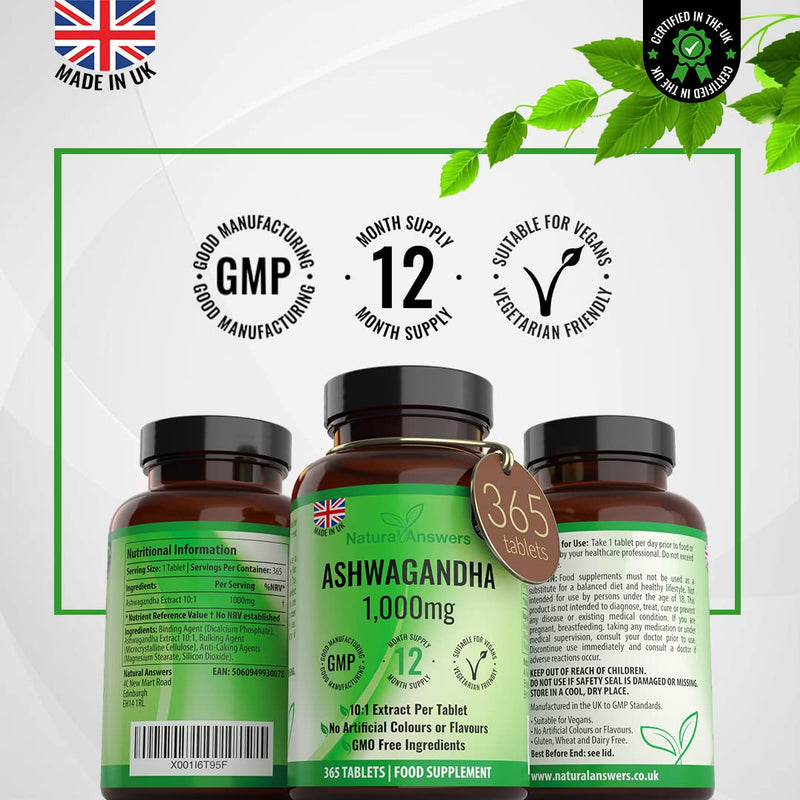Natural Answers 365 x Ashwagandha 1000mg Per Tablet | 1 Year Supply of High Strength Vegan Tablets (Not Capsules or Pills) of Pure Powder UK Made Anxiety Relief
