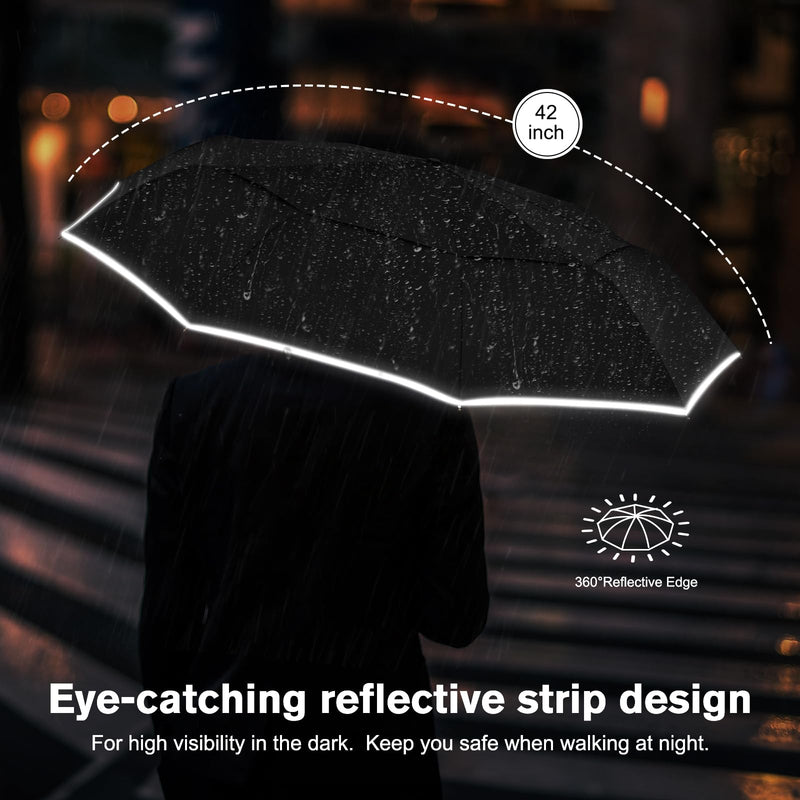 G4Free 42 Inch Eco Windproof Folding Umbrella Wind Resistant + 54 Inch Large Double Layer Inverted 12 Ribs Windproof Umbrella, with Reflective Strip