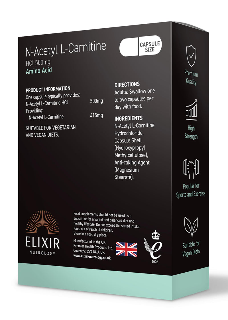 N-Acetyl L-Carnitine HCl 500mg Capsules | Supports Energy Production & Active Lifestyles | Ideal for Training & Exercise Routines | High Strength Amino Acid Derivative | 30 Vegan Capsules | UK Made