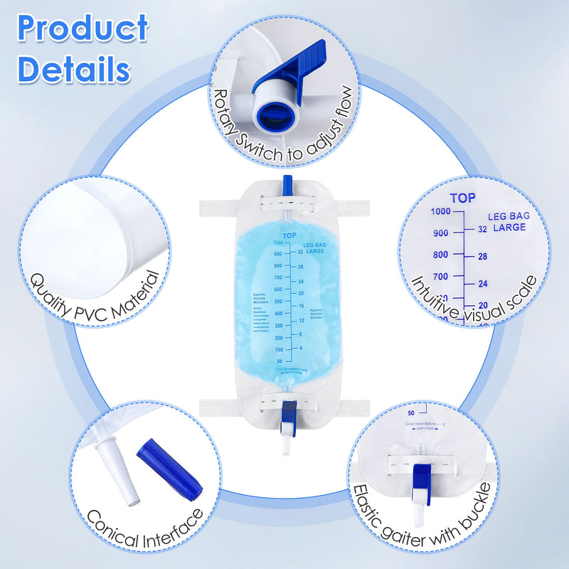 [Australia] - Geiserailie 5 Pack 1000ml Leg Bag Urinary Drainage Bag with Anti Reflux Valve, 33.8oz Large Capacity Urine Leg Catheter with Cloth Straps, Easy Flip Drain, Urinary Catheter for Men, Women 