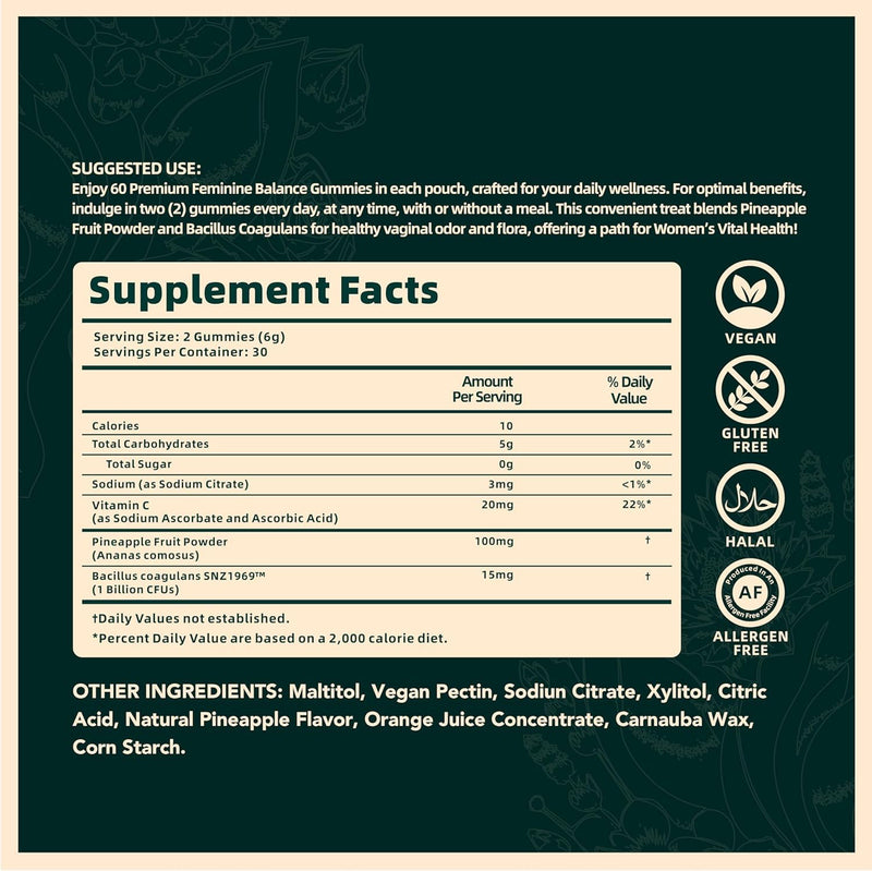 Vital Vibe Premium Feminine Balance Gummies - for Women’s Health & Wellness - Immune Support - Vegan, Gluten-Free - Hawaiian Pineapple - 60 Gummies 60 count (Pack of 1)