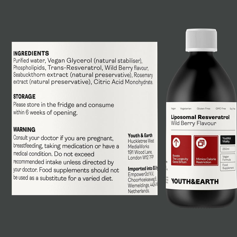Youth & Earth Liposomal Resveratrol 200mg - Liquid Resveratrol Supplements for Sirtuin Activation, Anti-Aging & Cellular Health with NAD+ Boosters, NMN or NR - Wild Berry Flavor - 250ml
