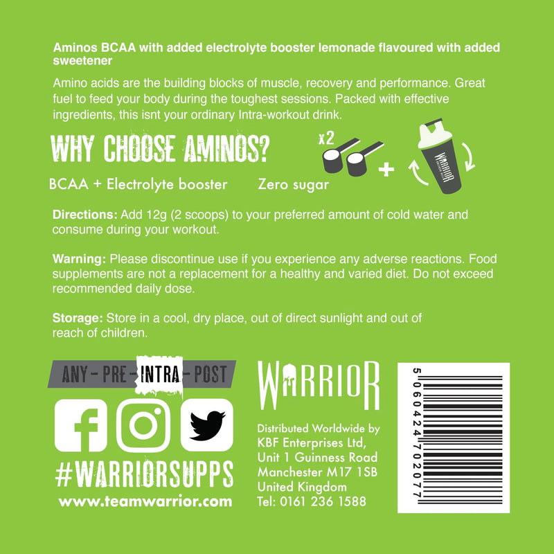 Warrior Aminos + Electrolyte Powder 360g - Amino Acid (BCAA) Hydration Formula for Performance & Recovery - Supplement for Intra or Post Workout - 30 Servings (Lightnin Lemonade) Lightnin' Lemonade