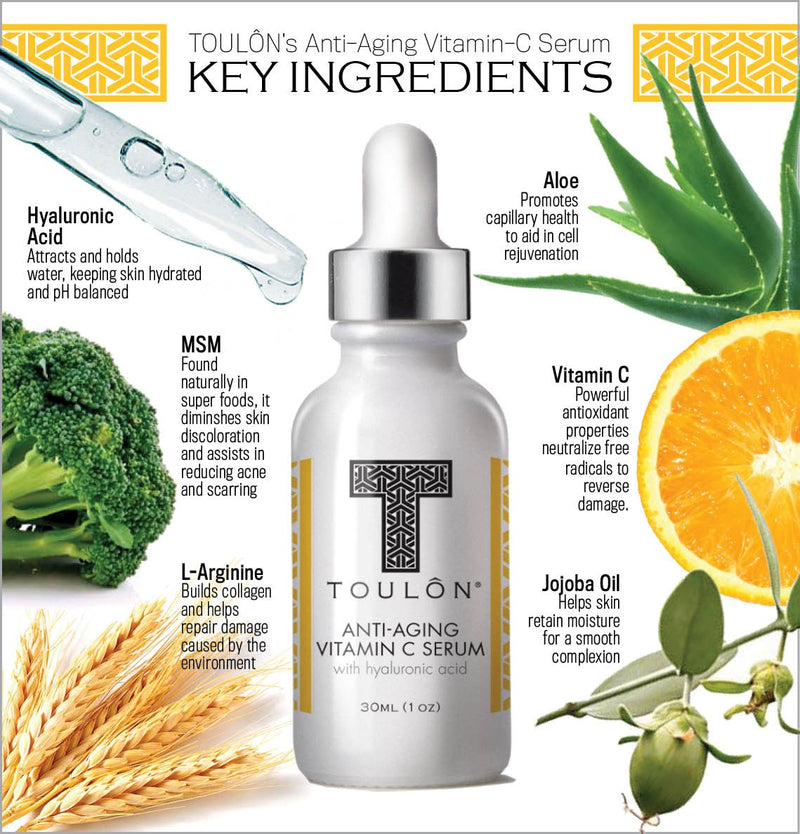 Toulon Vitamin C Serum with Hyaluronic Acid, 1 oz | Tightens Skin by Building Collagen & Improving Skin's Elasticity for Healthier Glowing Youthful Looking Skin for Women & Men
