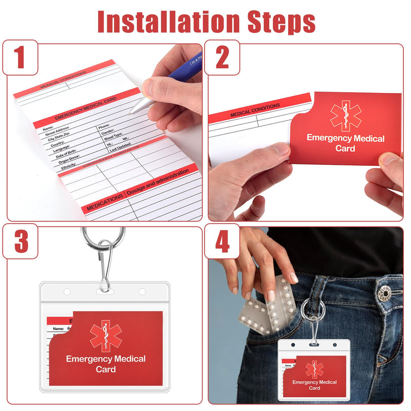[Australia] - 4 Pack Medical Alert Keychain Emergency Medical Information Id Card Emergency Contact Card Wallet with Resealable Badge Holder for Caretakers (Red Keychain) Red Keychain 
