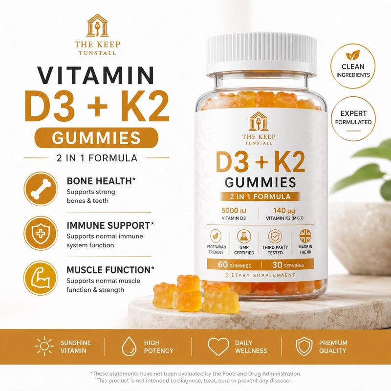 Vitamin D3 + K2 Gummies – Supports Bone Health, Immune System and Muscle Health – 2-in-1 Formula for Bone, Heart & Immune Support – Vegan, Sugar-Free, Gluten-Free – 60 Gummies - 30 Day Supply