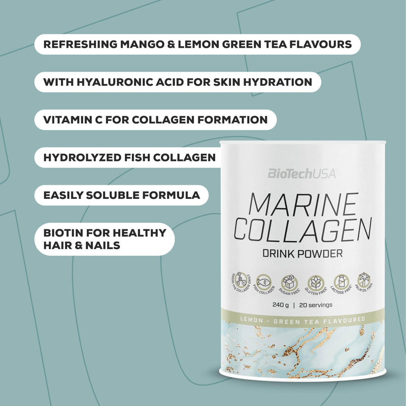 BioTechUSA Marine Collagen | Hydrolyzed Fish Collagen with Vitamin C | Sugar-Free | Gluten-Free | Skin Hair Nails & Joint Support, 240 g, Lemon-Green Tea