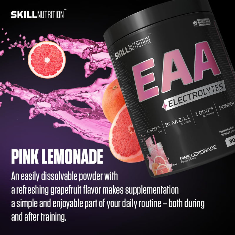 Skill Nutrition EAA + Electrolytes - Pink Lemonade Flavour | 6.5 g EAA per Serving | BCAA 2:1:1, 1000 mg L-Glutamine, Electrolytes & AstraGin® | Powder Supplement | 450 g