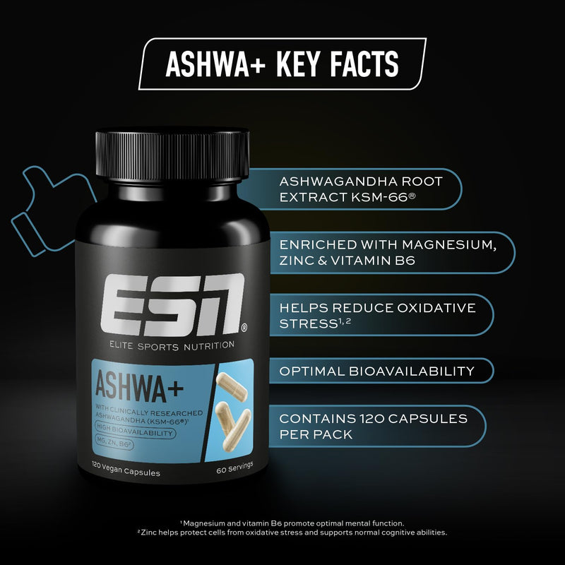 ESN Ashwa+, 120 Vegan Capsules - 600 mg Ashwaganda Root Extract per Serving - 60 Servings, 2 Months Supply - Ashwagandha KSM-66 - Non-GMO 120 count (Pack of 1)
