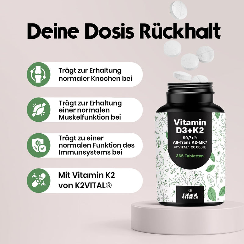 [Australia] - High-dose vitamin D3 K2 - 365 tablets with 20,000 IU - Premium K2Vital® 99.7+% All-Trans K2-MK7 - vitamin D without additives - produced in Germany XXL family pack 