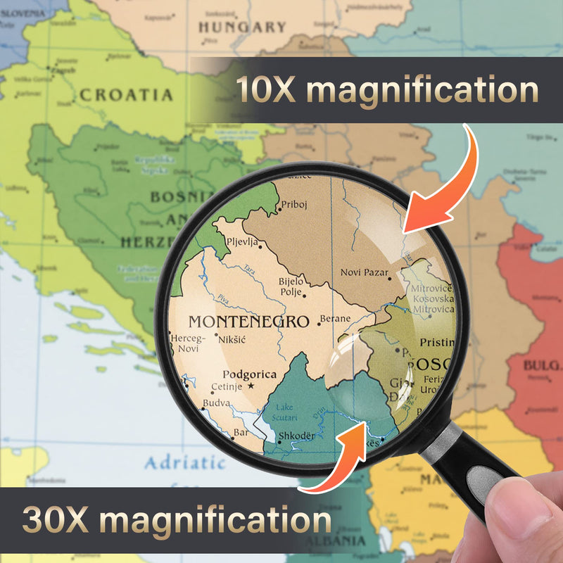 [Australia] - Feosky Handheld Reading Magnifier, 10X 30X Magnifier, 75mm Shatterproof Lens, Non-Slip Handle for Adults Close Work, Seniors Reading and Kids Nature Exploration, Hobby Observation(Silver) Silver 