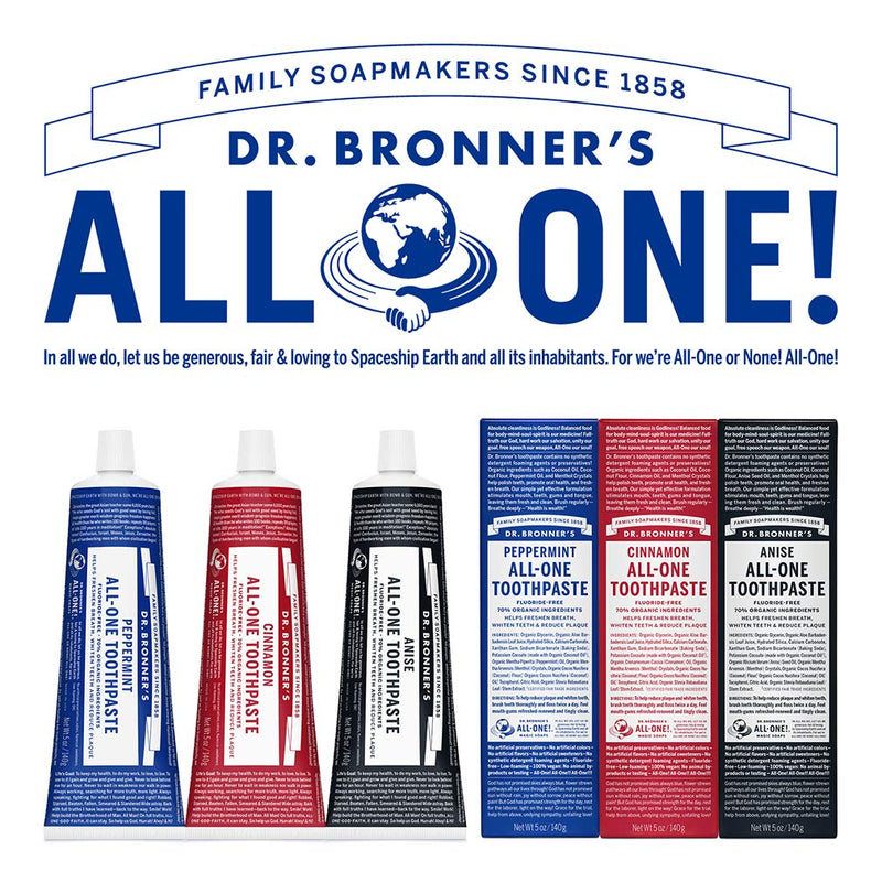 [Australia] - Dr. Bronner’s All-One Toothpaste– Cinnamon, 5 oz, 3-Pack– Fluoride-Free Toothpaste for Adults, SLS-Free, 70% Organic & Natural Ingredients, Vegan, Helps Freshen Breath, Reduce Plaque, Whiten Teeth 5 Ounce (Pack of 3) 