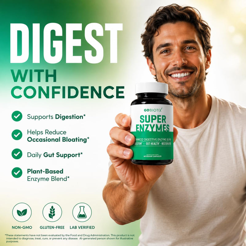 GOBIOTIX Digestive Enzymes Supplement with Prebiotics and Probiotics for Women and Men - Gut Health, Gluten Digestion, Lactose Absorption, Plant Based Dietary Pills - 120 Capsules 60 Count (Pack of 2)