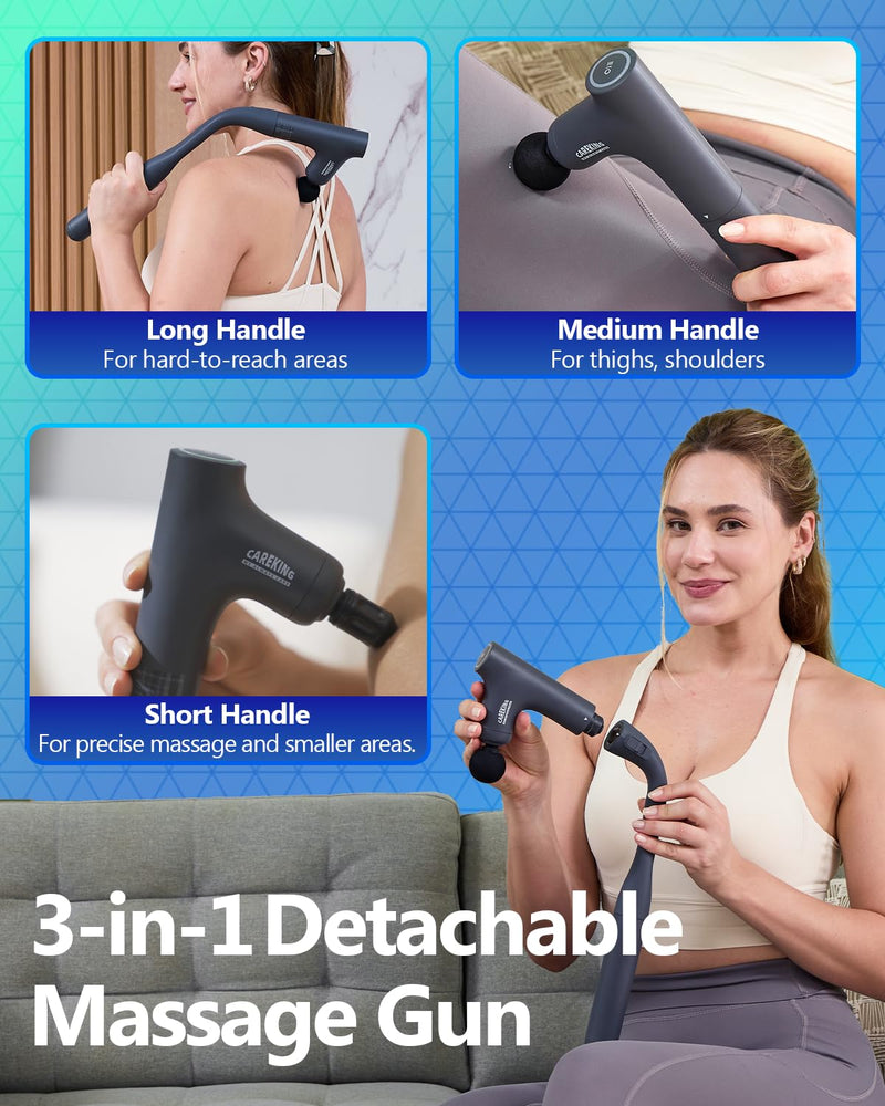 3-in-1 Detachable Massage Gun Deep Tissue with Extension Long Handle | Self back massage, back massager for pain relief, 3 handle styles, muscle massager for shoulder, neck, FSA-HSA eligible Grey