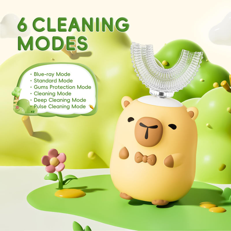 [Australia] - Kids Electric Toothbrush U Shaped - Cartoon Capybara with 6 Brush Heads Full Mouth Degree Cleaning Sonic Toddler Automatic Toothbrush with IPX7 Waterproof (Capybara 2-14 Years) Capybara 2-14 Years 