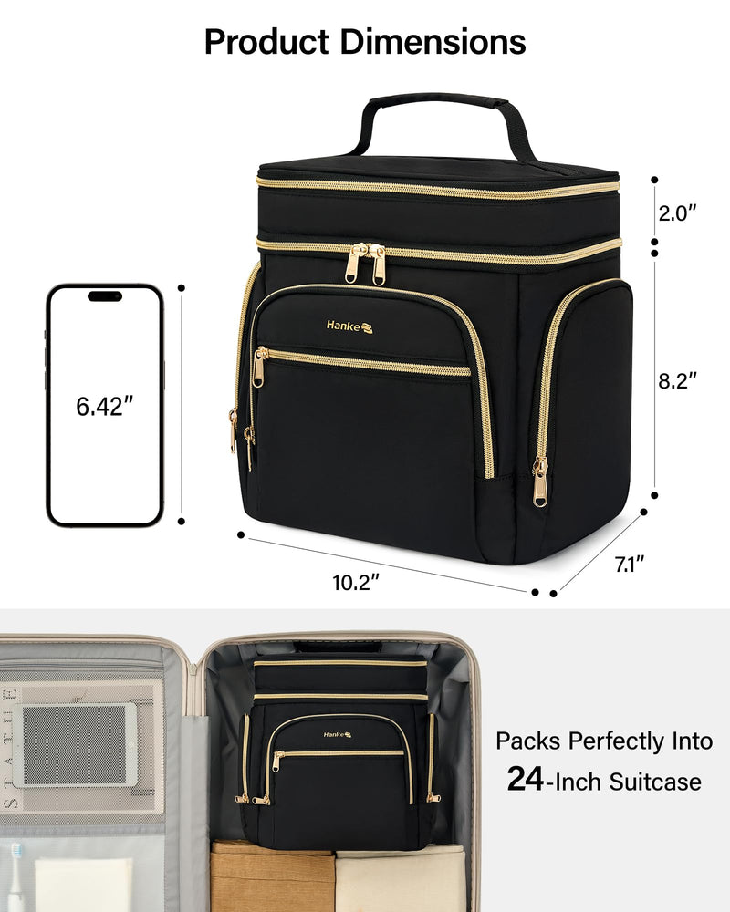 Hanke Large Toiletry Bag for Women Travel, Double Layer Organizer with Wide Opening for Full-Size Cosmetics & Toiletries, 12.2L Water-Resistant Makeup Bag,Black Black