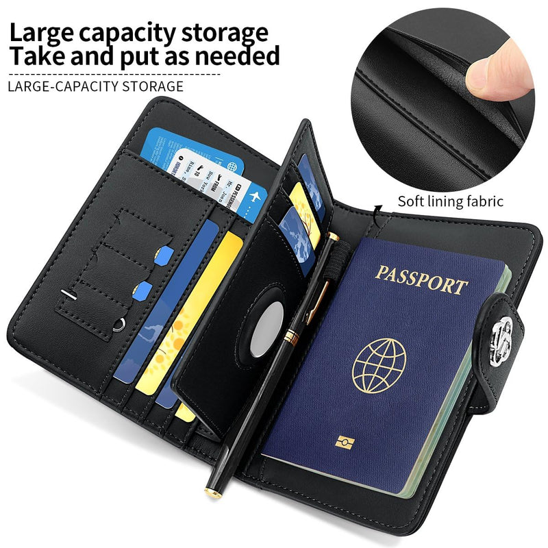 Passport Holder Wallet Bag with AirTag Holder, Card Slots and Passport Solt Ticket Cash Solt, Photo Solt Sim Card Pen Slot.Black Black
