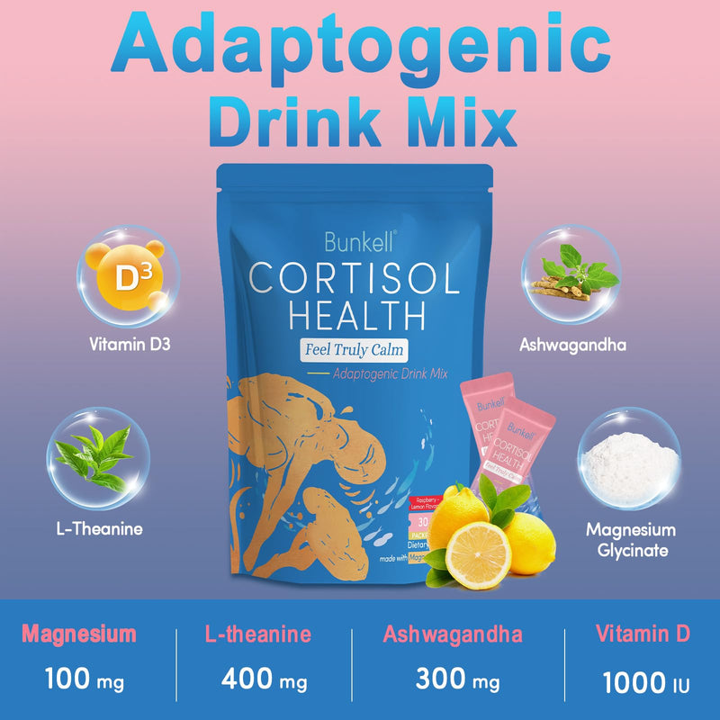 [Australia] - Cortisol Powdered Drink Mix, Made with Magnesium Glycinate, L-Theanine, Ashwagandha & Vitamin D3, Cortisol Supplements for Relaxation, Focus & Calm Support, Raspberry Lemonade Flavor, 30 Ct 