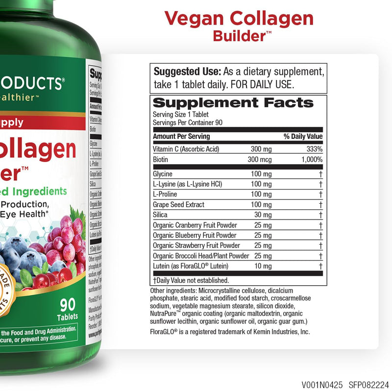 Purity Products Vegan Collagen Builder - Organic Whole Foods Fruits | & Veg, Silica, Lutein, Vitamin C, Biotin, Grape Seed - Amino Acids Glycine, Lysine & Proline Collagen Boosters - 90 Tablets Unflavored 90 Count (Pack of 1)