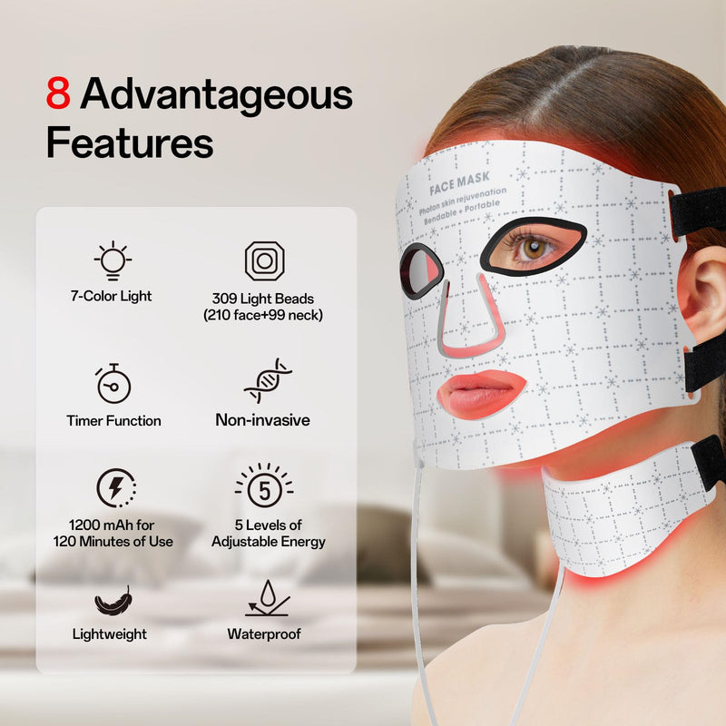 [Australia] - Red Light Mask for Face and Neck - Facial Skin Care Device, Portable, Lightweight, Rechargeable and Ergonomic Design for Home (White) White 